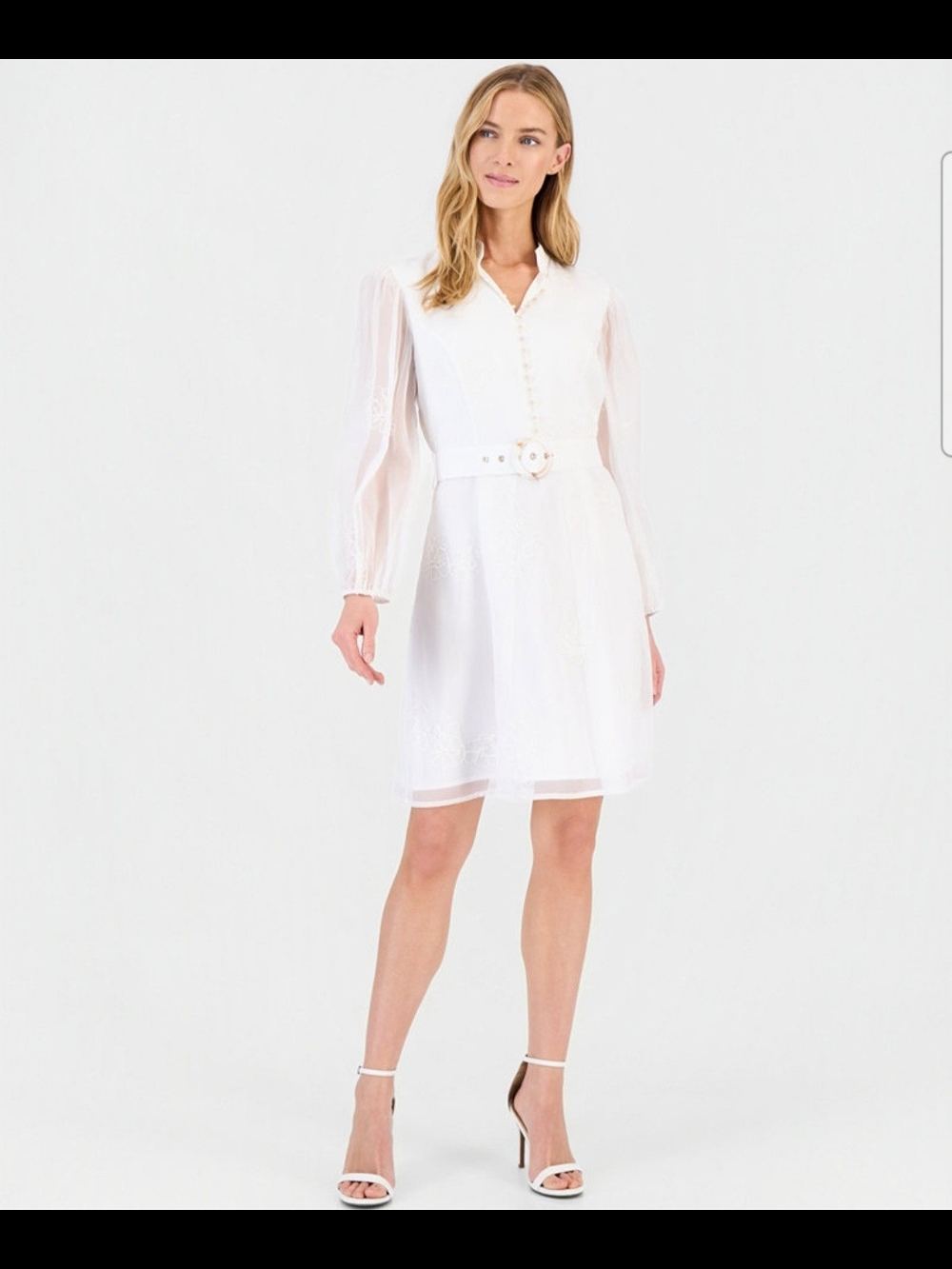 Tahari ASL White Belted Mini Dress with Sheer Sleeves